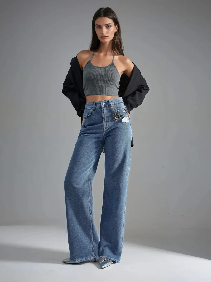 هيكاب جينز سكالو نسائي بخصر عالٍ وأرجل واسعة